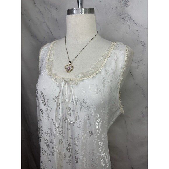 Vtg 80s Nightgown Dress White Satin Floral Lace Bridal Prairie Cottagecore SZ L - Picture 2 of 16